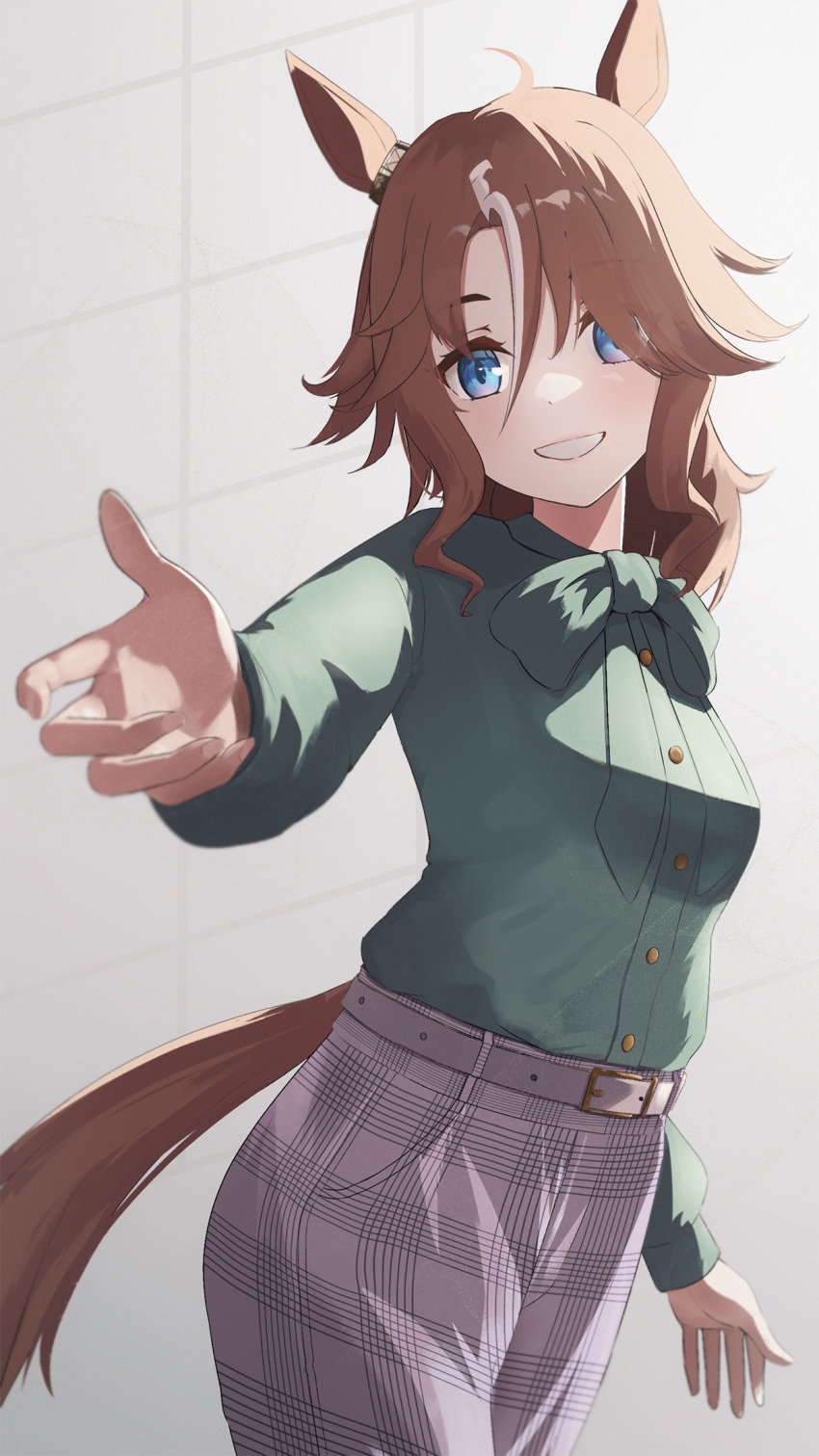 1girl ahoge animal_ears belt blue_eyes brown_hair cowboy_shot ear_ornament green_shirt grey_belt grid_background hair_over_one_eye highres horse_ears horse_girl horse_tail kimura_komekami long_sleeves looking_at_viewer medium_hair mejiro_palmer_(umamusume) outstretched_hand pants plaid plaid_pants shirt smile solo tail teeth umamusume