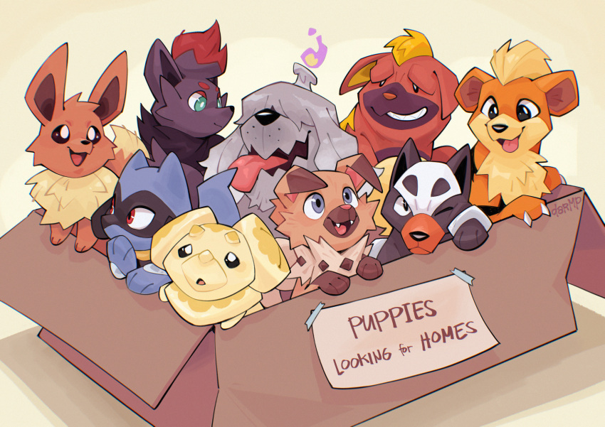 :d ;) artist_name black_eyes blue_eyes box dar-draws eevee english_commentary english_text fidough greavard growlithe hair_over_eyes highres houndour in_box in_container maschiff one_eye_closed pokemon pokemon_(creature) riolu rockruff smile tongue tongue_out white_background zorua