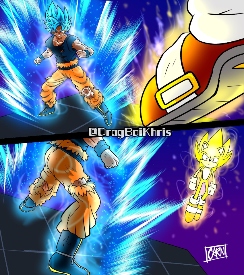 2boys animal_ears animal_nose battle blonde_hair blue_eyes blue_hair boots closed_mouth crossover dougi dragon_ball dragon_ball_super dragon_ball_z fighting furry furry_male gloves hedgehog highres kad_productions kaiouken male_focus multiple_boys muscular muscular_male pants red_eyes red_footwear saiyan shoes short_hair son_goku sonic_(series) sonic_adventure sonic_adventure_2 sonic_frontiers sonic_the_hedgehog sonic_world_adventure sonic_x spiky_hair super_saiyan super_saiyan_blue super_sonic tail white_gloves wristband yellow_fur