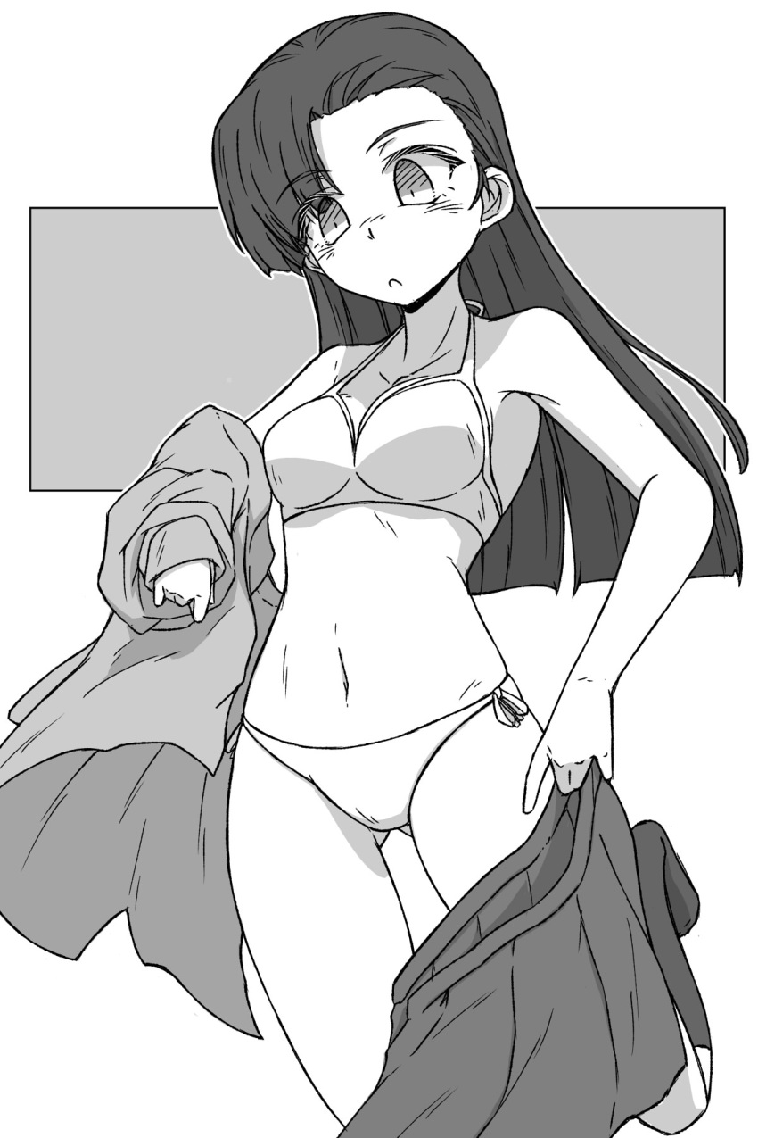 1girl :o ass_visible_through_thighs asymmetrical_bangs bangs bikini bikini_under_clothes breasts clothes_pull commentary girls_und_panzer greyscale halterneck highres jacket_pull leg_up long_hair medium_breasts monochrome navel nishi_kinuyo pulled_by_self renshiu school_uniform side-tie_bikini_bottom skirt skirt_pull socks solo standing standing_on_one_leg straight_hair swimsuit undressing