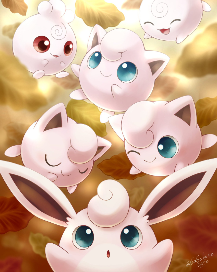 aqua_eyes autumn_leaves chestnut_mouth closed_eyes closed_mouth facing_viewer hands_up highres igglybuff jigglypuff looking_at_another looking_at_viewer no_humans one_eye_closed pokemon pokemon_(creature) red_eyes sasabunecafe smile twitter_username wigglytuff