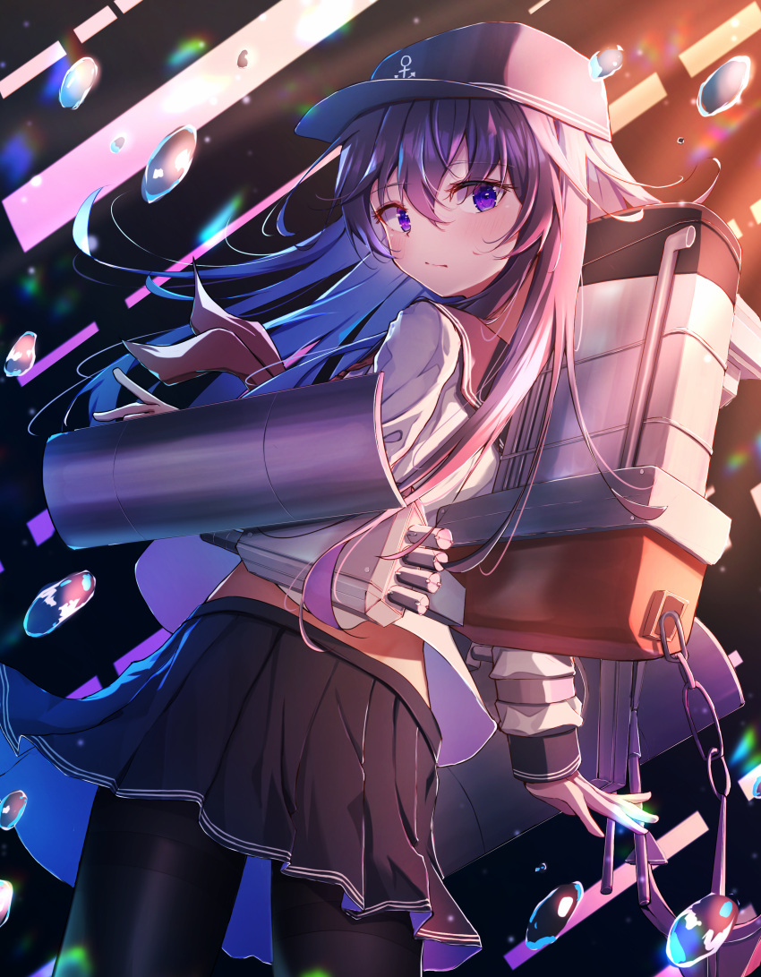 1girl absurdres akatsuki_(kancolle) anchor_symbol bangs black_headwear black_pantyhose black_skirt blush chain closed_mouth cowboy_shot dfd flat_cap hair_between_eyes hat highres kantai_collection long_hair long_sleeves machinery pantyhose pleated_skirt purple_hair rigging school_uniform serafuku skirt solo violet_eyes water_drop