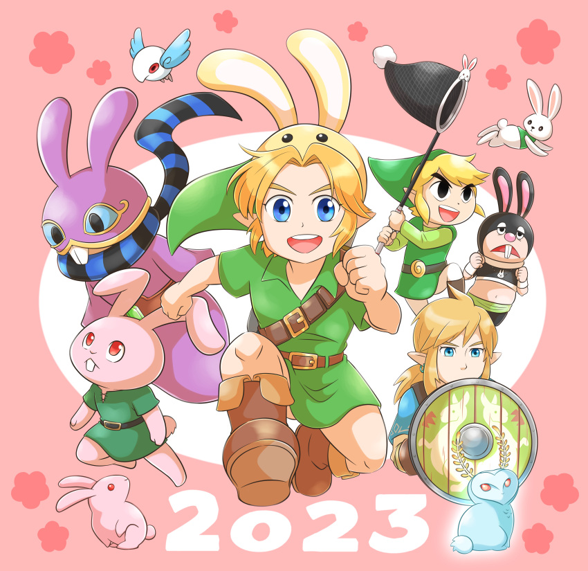 2023 4boys :d absurdres animal_ears aogaeru_(pixiv46613656) bangs belt belt_buckle bird black_eyes blonde_hair blue_eyes blue_tunic blupee boots brown_belt brown_footwear buck_teeth buckle butterfly_net character_request chinese_zodiac clenched_hands closed_mouth commentary_request copyright_request earrings fake_animal_ears flower_(symbol) frown green_headwear green_shirt green_tunic hand_net hat highres holding holding_butterfly_net holding_shield jewelry link link_(bunny) long_hair long_sleeves looking_at_viewer low_ponytail multiple_boys open_mouth parted_bangs pink_background pointy_ears ponytail rabbit rabbit_ears ravio red_eyes running sheerow shield shirt short_hair short_sleeves sidelocks simple_background smile teeth the_legend_of_zelda the_legend_of_zelda:_a_link_between_worlds the_legend_of_zelda:_a_link_to_the_past the_legend_of_zelda:_breath_of_the_wild the_legend_of_zelda:_ocarina_of_time the_legend_of_zelda:_spirit_tracks the_legend_of_zelda:_the_wind_waker toon_link tunic two-tone_background upper_teeth_only v-shaped_eyebrows white_background year_of_the_rabbit