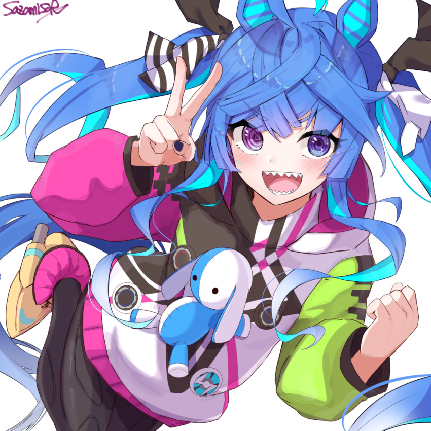 1girl @_@ ahoge animal_ears ankle_boots aqua_hair artist_name bangs black_bodysuit black_nails black_ribbon blue_eyes blue_hair blush bodysuit boots clenched_hand commentary crossed_bangs hair_ribbon heterochromia hood hood_down hooded_coat hoodie horse_ears horse_girl horse_tail leg_up long_hair long_sleeves looking_at_viewer multicolored_coat multicolored_hair open_mouth ribbon sazamiso_rx sharp_teeth signature simple_background smile solo standing standing_on_one_leg stuffed_animal stuffed_rabbit stuffed_toy tail teeth twin_turbo_(umamusume) twintails two-tone_hair umamusume v very_long_hair violet_eyes white_background yellow_footwear