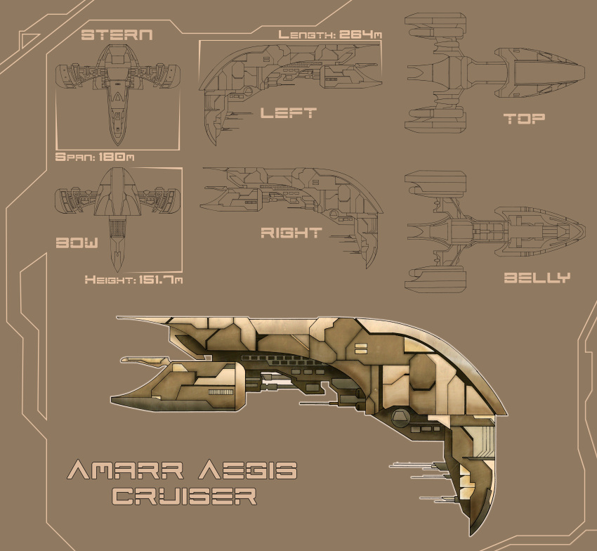 absurdres amarr_empire_(eve_online) brown_background brown_theme clayman8 commentary concept_art cruiser_(eve_online) english_text eve_online from_above from_behind from_below from_side highres military military_vehicle multiple_views no_humans original radio_antenna science_fiction spacecraft vehicle_focus