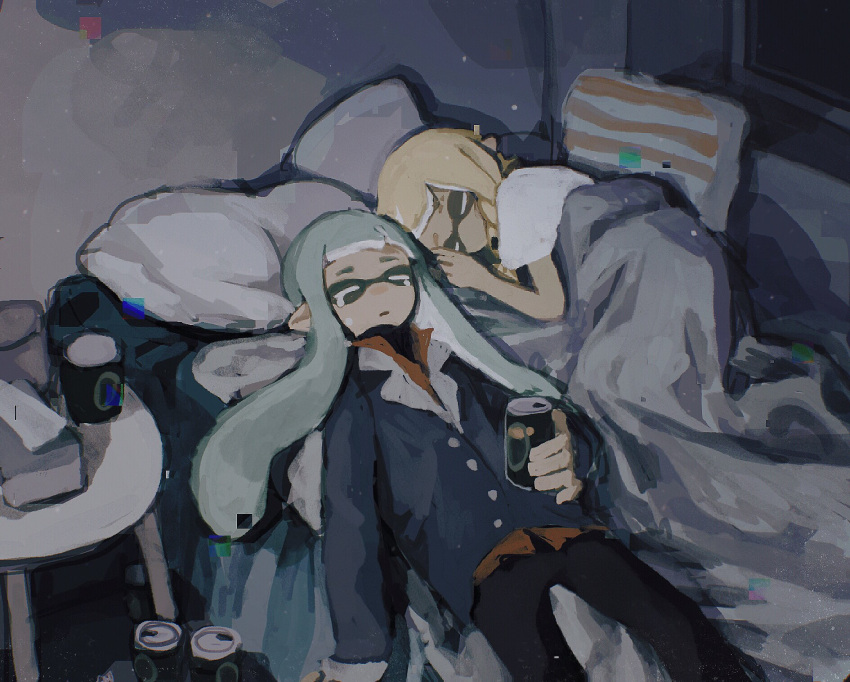 2girls agent_3_(splatoon) agent_3_(splatoon_3) black_pants blonde_hair can crying dr_mice grey_hair highres holding holding_can indoors inkling inkling_girl jacket long_hair long_sleeves lying multiple_girls on_back on_bed on_side pants parted_lips pillow pointy_ears shirt short_sleeves sleeping splatoon_(series) tears tentacle_hair twintails under_covers white_shirt