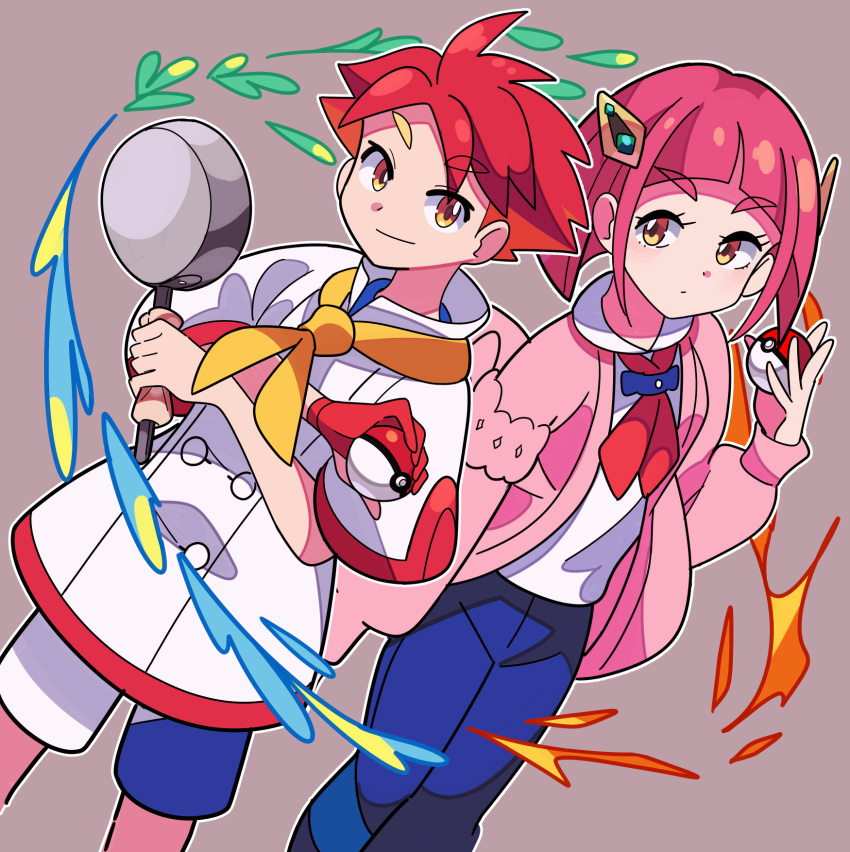 1boy 1girl bangs blue_pants blunt_bangs buttons character_request closed_mouth coat commentary_request eyelashes frying_pan gloves hair_ornament hairpin hand_up highres holding holding_poke_ball neckerchief open_clothes open_coat outline pants partially_fingerless_gloves pink_coat pink_hair poke_ball poke_ball_(basic) pokemon pokemon_(game) pokemon_sv red_neckerchief shirt short_sleeves shorts single_glove smile sutokame two-tone_shorts white_shirt yellow_neckerchief