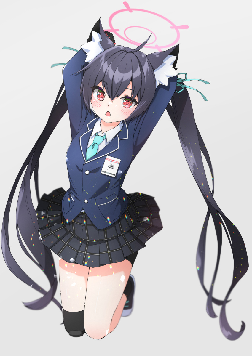 1girl :o absurdres animal_ears arms_behind_head arms_up black_hair black_skirt blazer blue_archive blue_jacket blue_ribbon blush cat_ears cat_girl clothes_lift collared_shirt gloves hair_between_eyes hair_ribbon halo highres isakoro_(hx9cj) jacket jumping legs_together long_hair long_sleeves looking_at_viewer midair miniskirt plaid plaid_skirt red_eyes ribbon school_uniform serika_(blue_archive) shirt skirt skirt_lift solo twintails very_long_hair white_shirt wind wind_lift