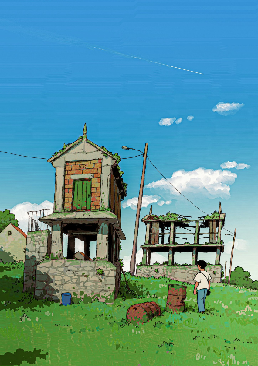 1boy alariko black_hair blue_pants blue_sky bucket bush clouds contrail day drum_(container) facing_away grass highres house lamppost original outdoors overgrown pants power_lines railing ruins scenery shirt short_hair short_sleeves sky solo standing tree utility_pole white_shirt