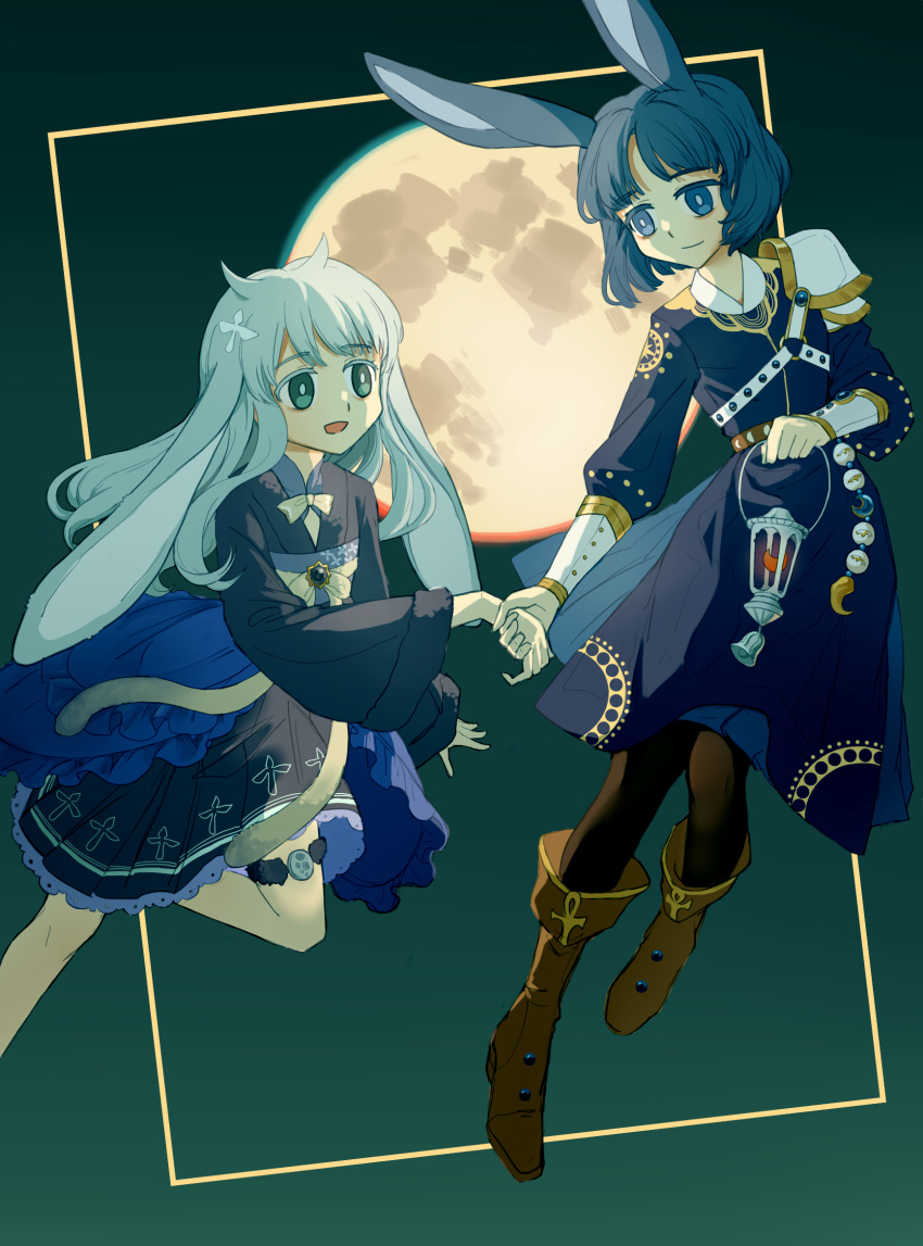 2girls :d alternate_costume animal_ears aqua_eyes arm_at_side azusa_mifuyu bangs black_pantyhose blue_dress blue_eyes blue_hair blunt_bangs boots bow bowtie brown_footwear bunnycillin closed_mouth colored_eyelashes cross_hair_ornament dress ears_down feet_out_of_frame floating full_body gradient_background green_background grey_hair grey_kimono hair_horns hair_ornament highres holding_hands holding_lamp japanese_clothes kimono kimono_skirt knee_boots long_hair long_sleeves looking_at_another magia_record:_mahou_shoujo_madoka_magica_gaiden mahou_shoujo_madoka_magica moon multiple_girls nanami_yachiyo obi official_alternate_hair_length official_alternate_hairstyle open_mouth pantyhose parted_bangs pleated_kimono puffy_long_sleeves puffy_sleeves rabbit_ears sash short_hair short_kimono smile swept_bangs thighlet wide_sleeves yellow_bow yellow_bowtie