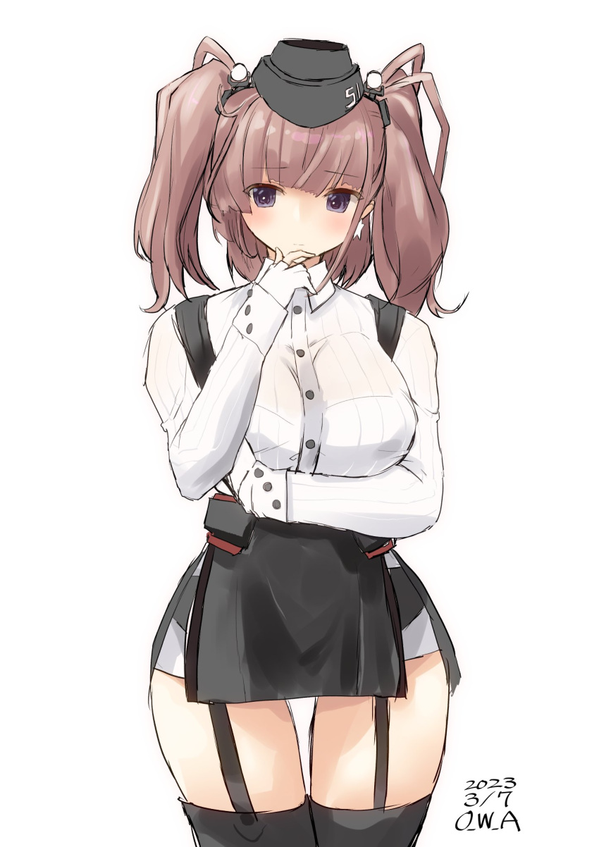 1girl artist_name atlanta_(kancolle) black_headwear black_skirt bra_visible_through_clothes breasts brown_hair cowboy_shot dated dress_shirt earrings garrison_cap garter_straps gloves grey_eyes hat high-waist_skirt highres jewelry kantai_collection large_breasts long_hair long_sleeves looking_at_viewer owa_(ishtail) partially_fingerless_gloves shirt single_earring skirt solo star_(symbol) star_earrings suspender_skirt suspenders twintails two_side_up white_gloves white_shirt