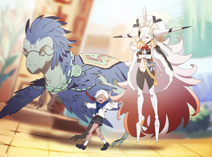 1girl 2boys ascot black_bodysuit black_cape black_gloves black_shorts blue_neckerchief blue_sailor_collar bodysuit braid cape closed_eyes clothing_cutout commentary_request crossed_arms dark-skinned_male dark_skin dinosaur fate/grand_order fate_(series) feathered_wings feathers floating fur-trimmed_cape fur_trim gloves gradient_hair hair_ornament highres horns marine_nemo_(fate) multicolored_hair multiple_boys navel neckerchief nemo_(fate) olga_marie_animusphere one_eye_closed open_mouth orange_eyes orange_hair red_ascot sailor_collar sailor_shirt shirt shorts single_horn stomach_cutout striped striped_bodysuit teeth tepeu_(fate) tetsu_(teppei) u-olga_marie upper_teeth_only vertical_stripes white_hair white_shirt wings yellow_horns