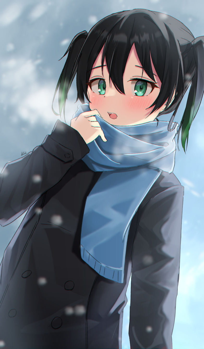 1girl absurdres adjusting_scarf bangs black_coat blue_scarf coat gradient_hair green_eyes green_hair hair_between_eyes highres long_sleeves looking_at_viewer love_live! love_live!_nijigasaki_high_school_idol_club lowlight1010 medium_hair multicolored_hair open_mouth scarf solo takasaki_yuu teeth twintails two-tone_hair upper_teeth_only winter winter_clothes winter_coat