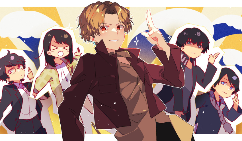 &gt;o&lt; 1girl 4boys animal_ears animification avataro_sentai_donbrothers bear_ears black_eyes black_hair blue_eyes blue_jacket brown_hair ebony_nightmare english_commentary formal hand_gesture highres inuzuka_tsubasa jacket kijino_tsuyoshi kito_haruka momoi_taro multiple_boys necktie ocean one_eye_closed pink_necktie salaryman saruhara_shinichi shirt smile suit super_sentai wings yellow_jacket yellow_shirt