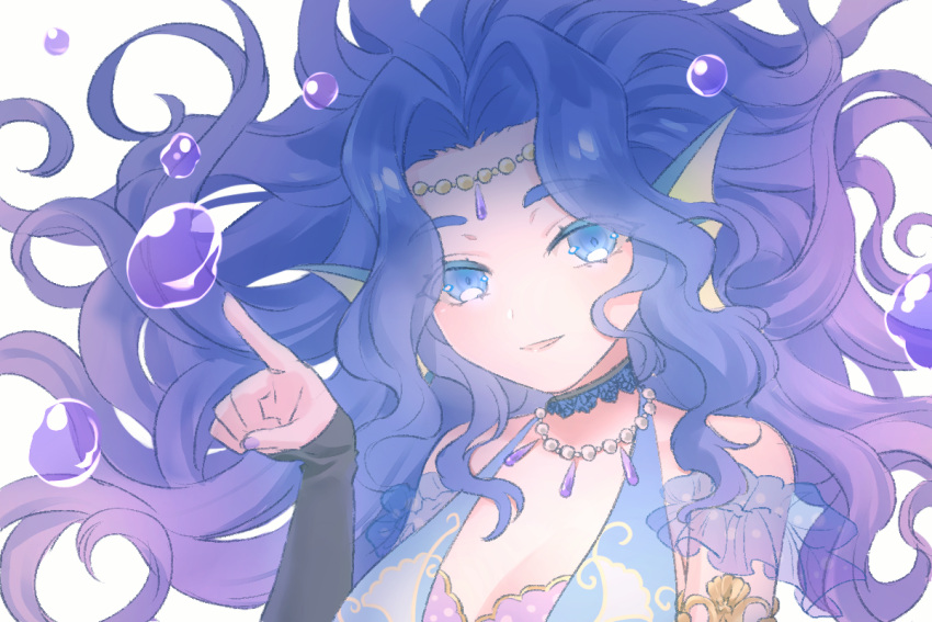 1girl blue_eyes blue_hair bubble head_fins jewelry long_hair looking_at_viewer mel6969 mermaid monster_girl multicolored_hair necklace open_mouth purple_hair show_by_rock!! solo wavy_hair wendy_(show_by_rock!!) white_background