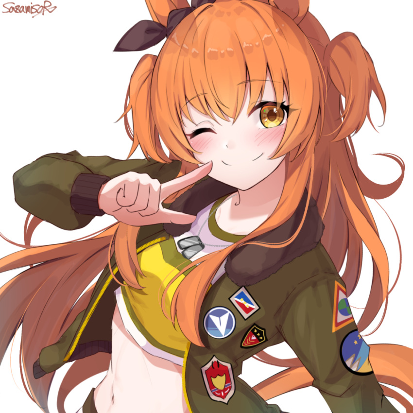 1girl ;) animal_ears artist_name bangs black_ribbon brown_jacket closed_mouth commentary crop_top cropped_shirt dog_tags ear_ribbon emblem horse_ears horse_girl horse_tail jacket long_hair long_sleeves looking_at_viewer mayano_top_gun_(umamusume) midriff navel one_eye_closed orange_eyes orange_hair patch pointing pointing_at_self ribbon sazamiso_rx shirt signature simple_background smile solo tail two_side_up umamusume upper_body white_background yellow_shirt