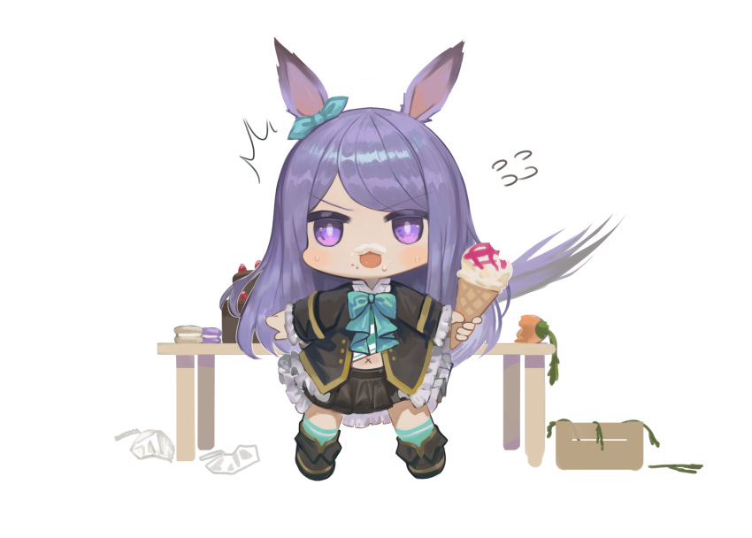 1girl ^^^ animal_ears bangs black_footwear black_jacket black_skirt blue_bow blue_ribbon blue_socks bow cake carrot chibi dokomon ear_ribbon flying_sweatdrops food food_on_face highres holding holding_food horse_ears horse_girl horse_tail ice_cream ice_cream_cone jacket long_hair macaron mejiro_mcqueen_(umamusume) open_mouth pleated_skirt purple_hair ribbon shoes simple_background skirt socks solo sweat swept_bangs tail umamusume v-shaped_eyebrows very_long_hair violet_eyes white_background x_navel