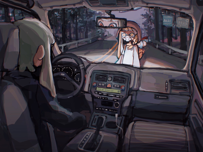 2girls agent_3_(splatoon) agent_3_(splatoon_3) black_jacket braid dr_mice green_hair ground_vehicle highres hood hood_up inkling inkling_girl jacket little_buddy_(splatoon) long_hair mask motor_vehicle mouth_mask multiple_girls night orange_eyes orange_hair outdoors red_eyes road salmonid side_braid sign smallfry_(splatoon) splatoon_(series) splatoon_3 steering_wheel street tentacle_hair tree vehicle_interior