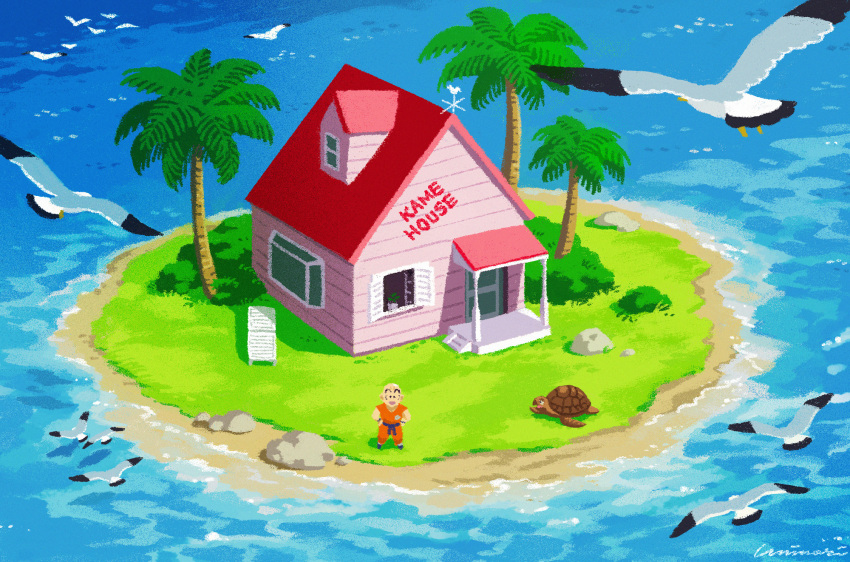 1boy bald beach beach_chair bird black_eyes dragon_ball dragon_ball_(classic) highres island kame_house kuririn landscape open_mouth open_window plant potted_plant seagull solid_circle_eyes turtle uninori water window