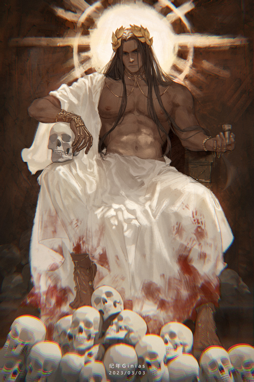 1boy 2023 absurdres artist_name barefoot black_eyes black_hair blood blood_on_clothes chalice closed_mouth dated emperor_of_mankind full_body ginias halo highres holding holding_goblet jewelry laurel_crown long_hair looking_at_viewer male_focus muscular muscular_male navel necklace sitting skull solo stomach throne toes toga warhammer_40k