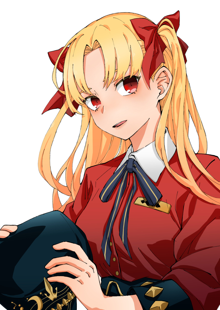 1girl :d blonde_hair breasts ereshkigal_(fate) fate/grand_order fate_(series) hair_ribbon hat hat_removed headwear_removed highres long_hair looking_at_viewer red_eyes ribbon simple_background sin_seishun smile solo white_background