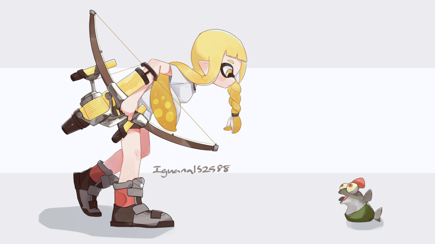 1girl absurdres artist_name bangs bike_shorts black_shorts blonde_hair blunt_bangs blush boots bow_(weapon) braid closed_mouth colored_sclera commentary_request expressionless grey_background grey_footwear highres holding holding_bow_(weapon) holding_weapon iguana152588 inkling inkling_girl leaning_forward long_hair looking_at_another mohawk open_mouth pointy_ears profile red_eyes redhead salmon_run_(splatoon) salmonid shirt short_eyebrows short_shorts short_sleeves shorts side_braid sidelocks simple_background single_braid smallfry_(splatoon) splatoon_(series) splatoon_3 standing t-shirt tentacle_hair tri-stringer_(splatoon) two-tone_background weapon white_background white_shirt yellow_eyes yellow_sclera