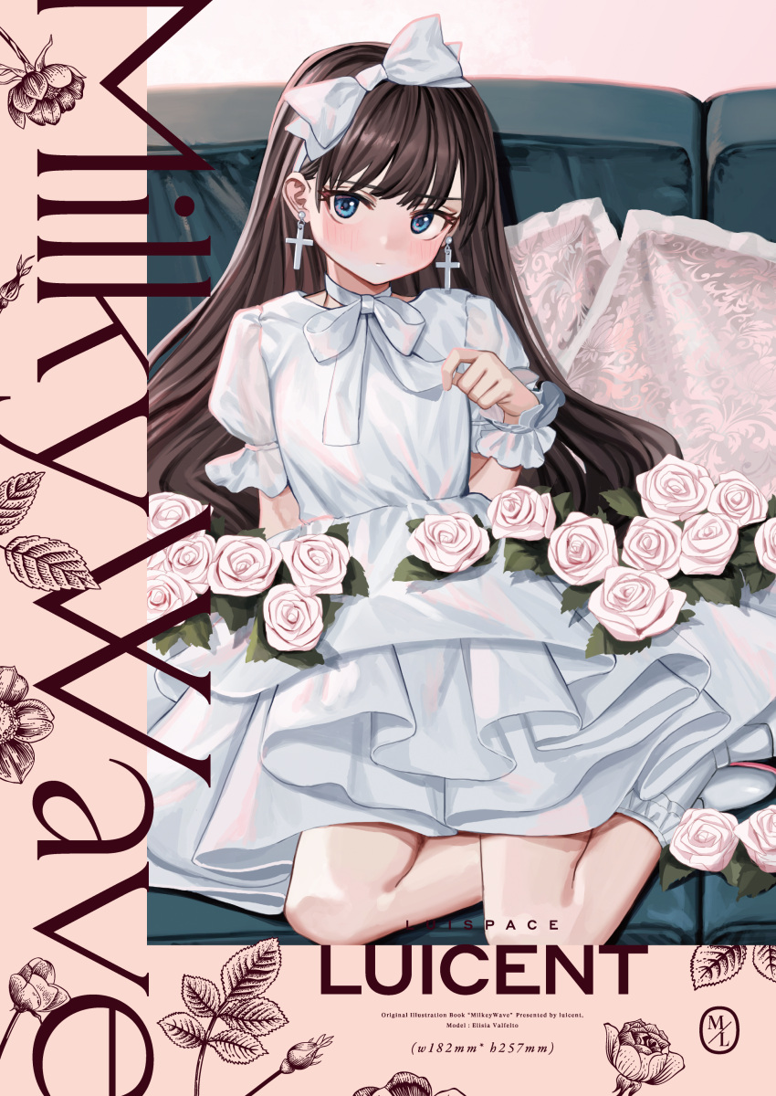 1girl absurdres blue_eyes bow brown_hair cover cover_page cross cross_earrings dress earrings english_text flower frilled_dress frills hair_bow highres jewelry long_hair looking_at_viewer luicent original pillow sitting white_bow white_dress