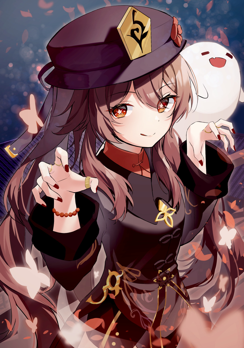 1girl :q absurdres bangs bead_bracelet beads black_nails boo_tao_(genshin_impact) bracelet brown_hair chinese_clothes commentary_request flower genshin_impact ghost ghost_pose hair_between_eyes hat hat_flower hat_ornament highres hu_tao_(genshin_impact) jewelry long_hair long_sleeves looking_at_viewer orange_eyes ring short_shorts shorts sidelocks smile symbol-shaped_pupils tongue tongue_out twintails user_uyng7558