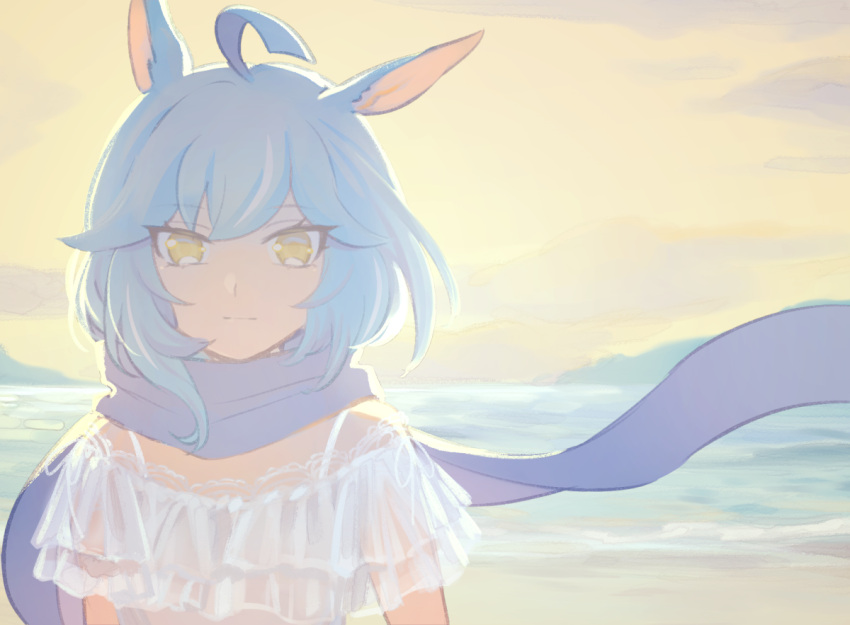 1girl ahoge animal_ears blue_hair blue_scarf closed_mouth light_blue_hair looking_at_viewer mel6969 ocean off-shoulder_shirt off_shoulder rabbit_ears rabbit_girl scarf shirt short_hair short_sleeves show_by_rock!! smile solo sunset uiui_(show_by_rock!!) white_shirt
