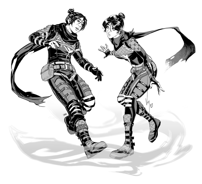 2girls apex_legends artist_name bangs belt bodysuit boots collaboration dual_persona english_commentary full_body gloves greyscale hair_behind_ear hair_bun highres jelart leaning_back leaning_forward monochrome multiple_girls open_hands open_mouth parted_bangs parted_lips pouch scarf single_hair_bun surprised vontvirus western_comics_(style) white_background wraith_(apex_legends)