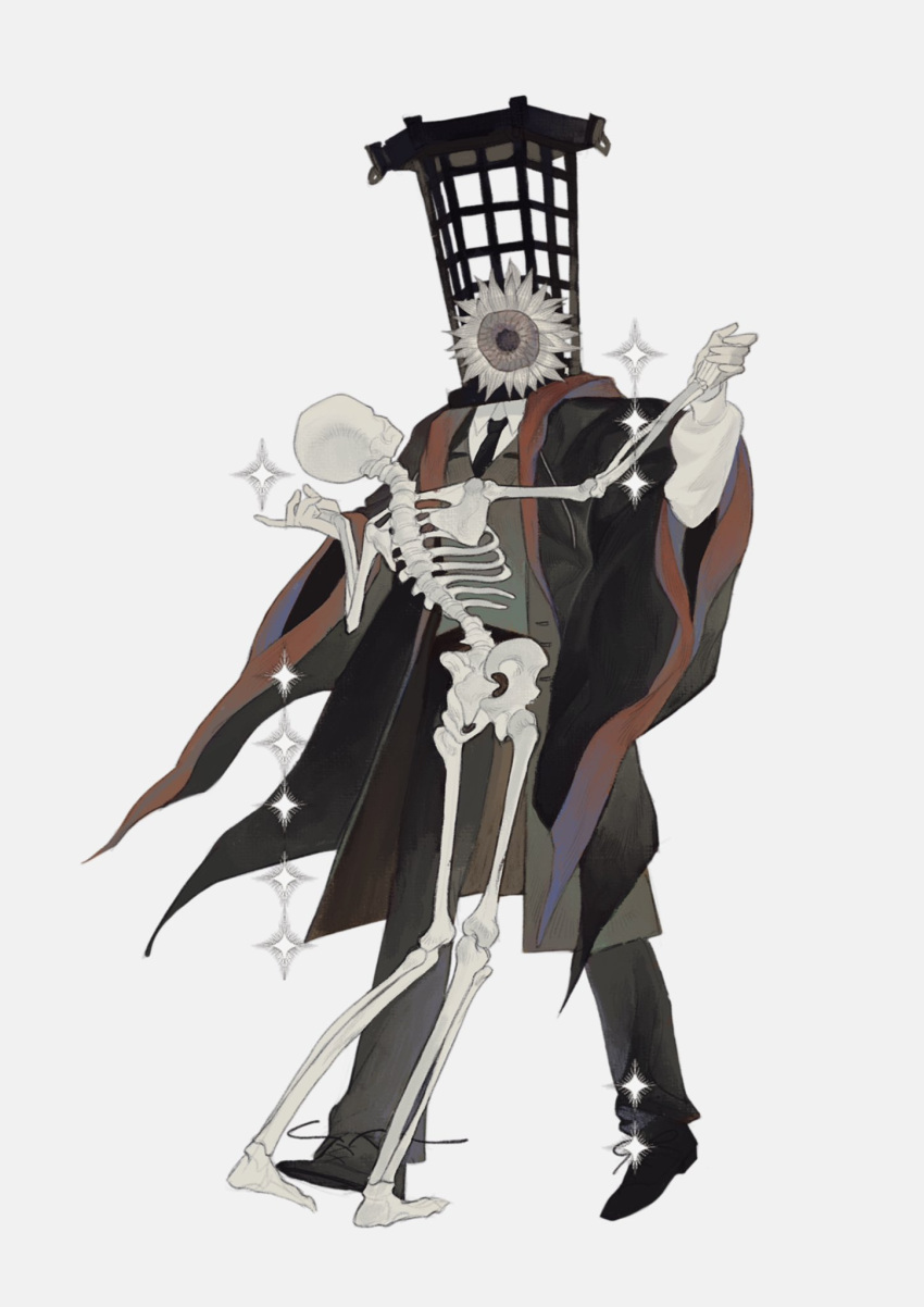 1boy bangs black_necktie bloodborne brown_pants brown_vest cage collared_shirt flower full_body highres jacket la_bo_chu_shi long_sleeves male_focus micolash_host_of_the_nightmare necktie open_clothes open_jacket pants shirt shoes simple_background skeleton solo sparkle standing sunflower vest white_shirt