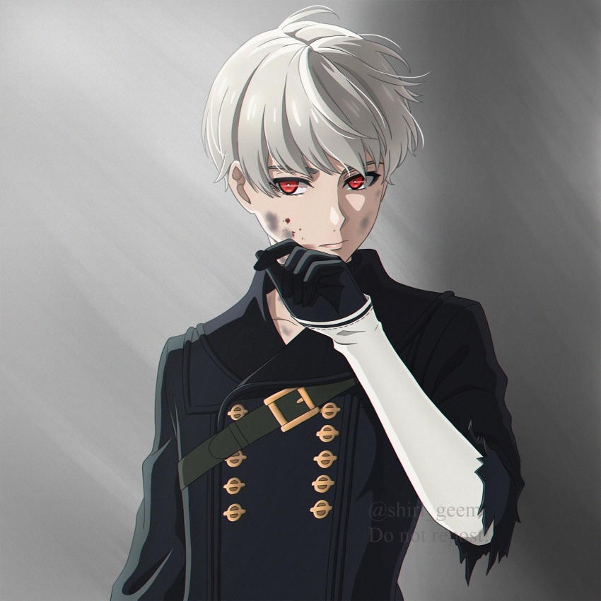 1boy black_gloves black_jacket blood blood_on_face commentary dirty dirty_face english_commentary expressionless eyebrows_hidden_by_hair gloves grey_hair highres jacket male_focus nier:automata nier_(series) red_eyes shirl_geem solo twitter_username upper_body watermark wiping_face yorha_no._9_type_s