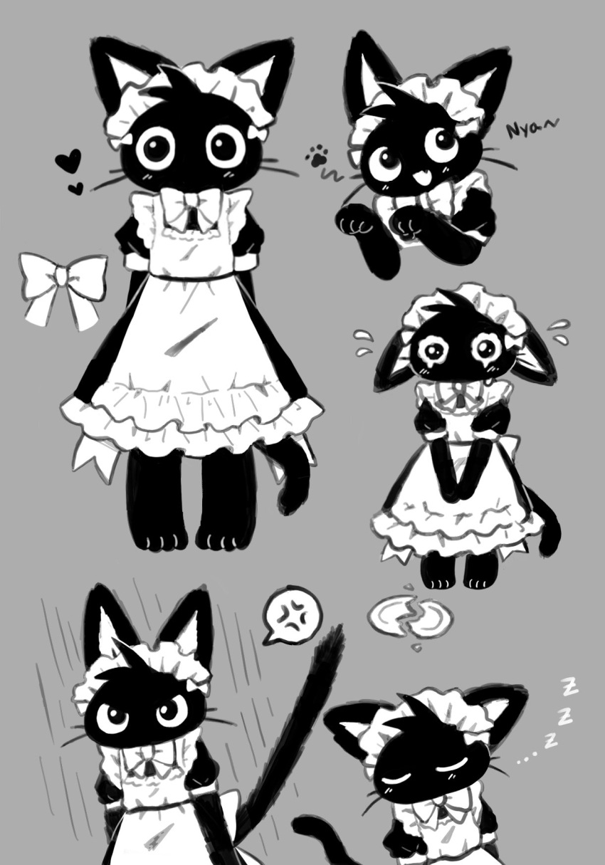 1girl anger_vein angry animal_ears animal_feet apron arms_behind_back back_bow bangs barefoot black_dress blush bow bowtie broken_plate cat_ears cat_girl cat_tail closed_eyes commentary cropped_torso dress ears_down fang flat_chest flying_sweatdrops frilled_apron frills full_body furry furry_female grey_background greyscale hands_up happy heart highres light_blush long_dress looking_at_viewer maid maid_apron maid_headdress monochrome multiple_views non_nya_nya open_mouth original own_hands_together paw_pose plate puffy_short_sleeves puffy_sleeves sad short_hair short_sleeves simple_background sketch skin_fang sleeping smile speech_bubble spoken_anger_vein spoken_paw_print standing straight-on symbol-only_commentary tail u_u upper_body v_arms wavy_eyes whiskers wide-eyed zzz