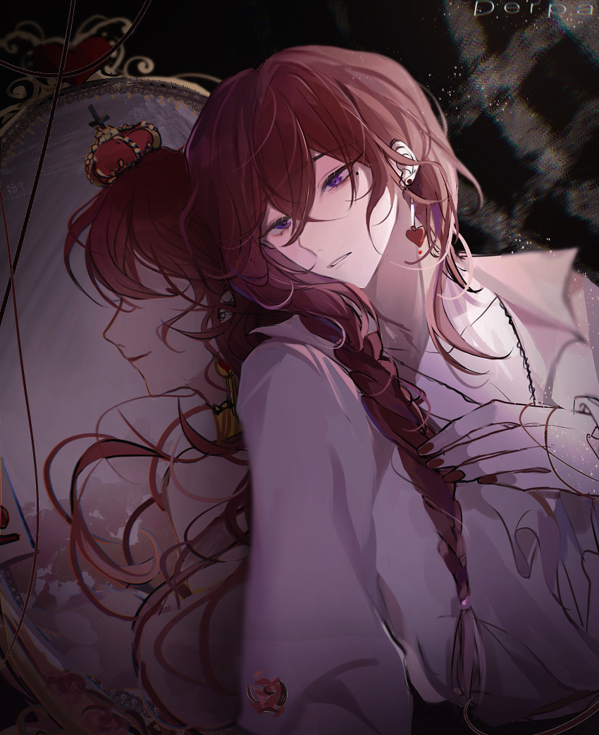 1boy 1girl absurdres crown dress dual_persona full-length_mirror genderswap hearts_(i_became_a_god_in_a_horror_game) highres i_became_a_god_in_a_horror_game long_hair long_sleeves mirror mirror_image mole mole_under_eye open_clothes red_dress redhead reflection shirt smile violet_eyes white_shirt zhanglixingrui