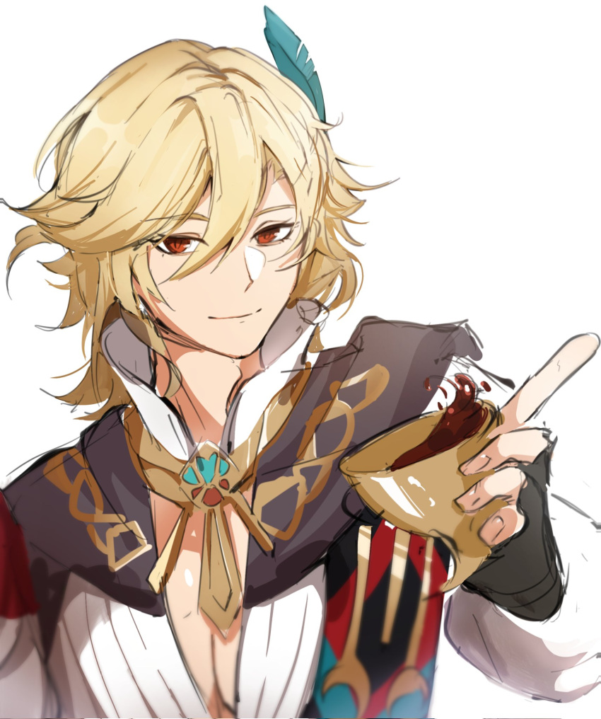 1boy alcohol bangs black_gloves blonde_hair cape closed_mouth cup earrings feather_hair_ornament feathers genshin_impact gloves hair_between_eyes hair_ornament hand_up highres holding holding_cup jewelry kaveh_(genshin_impact) long_sleeves looking_at_viewer male_focus mandarin_collar puffy_long_sleeves puffy_sleeves red_cape red_eyes shirt short_hair simple_background smile solo standing tapeanna white_background white_shirt wine