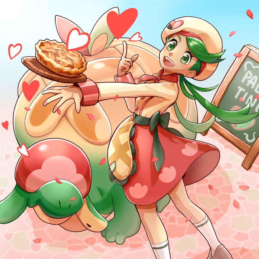 1girl :d apple_pie appletun apron bangs bow buttons commentary eyelashes falling_petals ffccll green_bow green_eyes green_hair heart highres index_finger_raised long_hair long_sleeves mallow_(palentine's_2023)_(pokemon) mallow_(pokemon) official_alternate_costume open_mouth outstretched_arm petals pokemon pokemon_(creature) pokemon_(game) pokemon_masters_ex shirt shoes sign skirt smile socks standing teeth tongue twintails upper_teeth_only waist_apron white_socks yellow_apron
