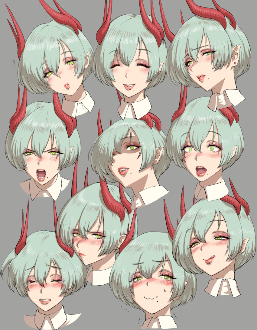 1girl :o ^_^ blush closed_eyes collared_shirt crying embarrassed expressions eyeshadow fujii_eishun green_eyes grey_background head_tilt highres horns kabura_(fujii_eishun) licking_lips looking_at_viewer makeup mole mole_under_mouth multiple_horns multiple_views open_mouth original parted_lips pink_eyeshadow pointy_ears pout shaded_face shirt short_hair simple_background smile surprised tongue tongue_out v-shaped_eyebrows