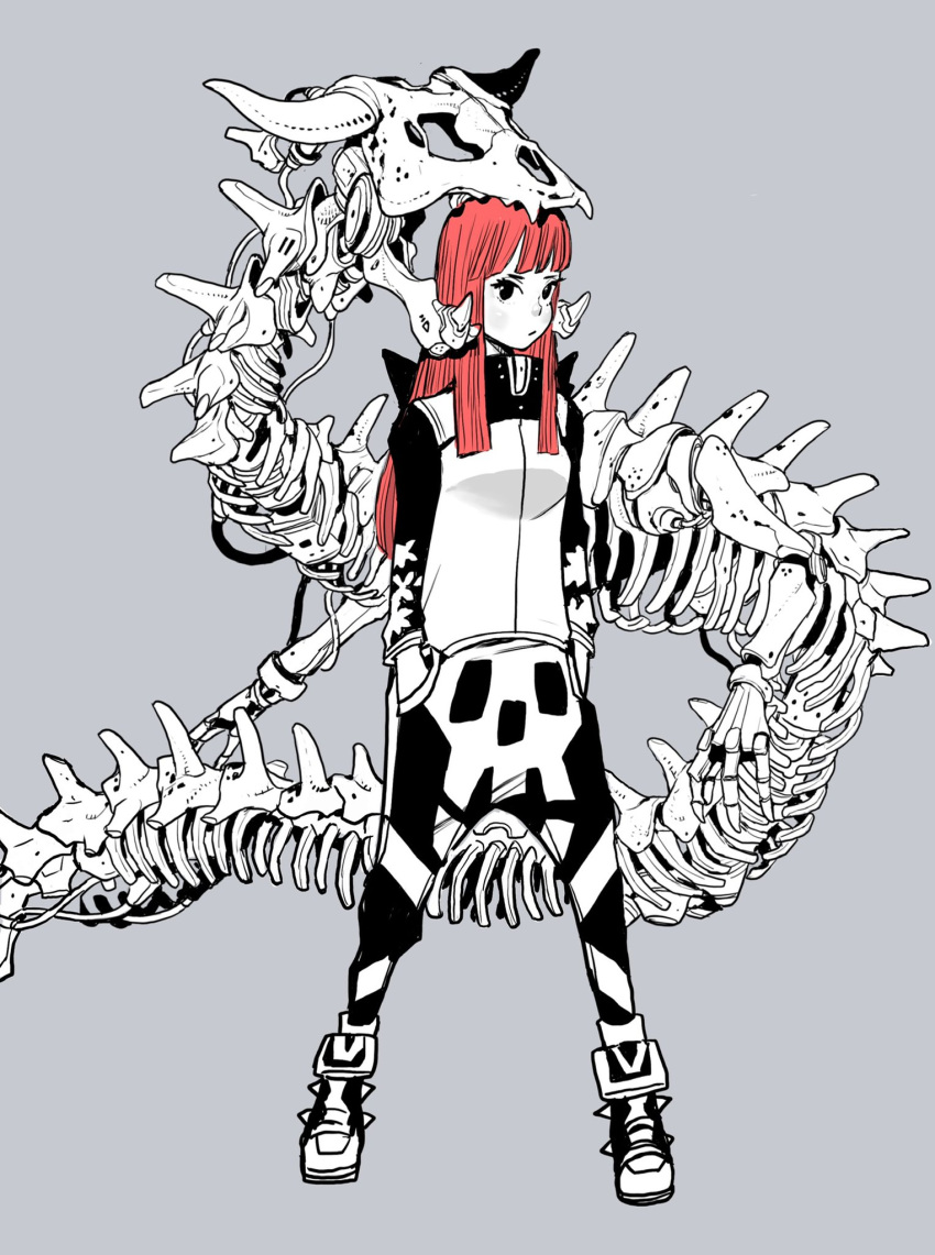 1girl acky_bright grey_background hand_in_pocket highres horns jacket mecha mechanical_arms mechanical_parts original redhead robot simple_background skeleton skeleton_print skull_and_crossbones spikes spine