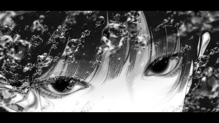 1other absurdres ambiguous_gender bangs bouno_satoshi close-up eye_focus greyscale highres letterboxed looking_at_viewer monochrome original solo water_drop