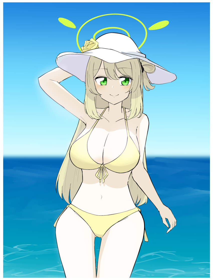1girl bare_shoulders blue_archive breasts green_eyes green_hair halo hand_on_headwear highres katsuhiko_(bone_hiko) large_breasts large_hat looking_at_viewer nonomi_(blue_archive) nonomi_(swimsuit)_(blue_archive) ocean thighs white_headwear