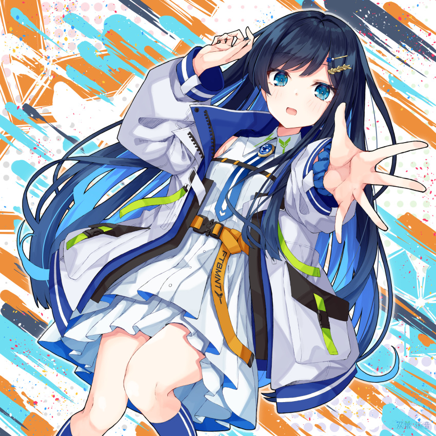 1girl alternate_costume bangs belt black_hair blue_eyes blue_hair blue_jacket blue_necktie blue_socks brooch brush_stroke cevio chest_strap collared_dress colored_inner_hair dress dutch_angle feet_out_of_frame flask_(pandora) futaba_minato hair_ornament hairclip hand_up highres jacket jewelry kneehighs knees_together_feet_apart layered_dress light_blush long_hair looking_at_viewer multicolored_clothes multicolored_hair multicolored_jacket necktie open_clothes open_jacket orange_belt outstretched_hand polka_dot polka_dot_background reaching_towards_viewer scrunchie second-party_source sleeveless sleeveless_dress socks solo swept_bangs white_dress white_jacket wrist_scrunchie