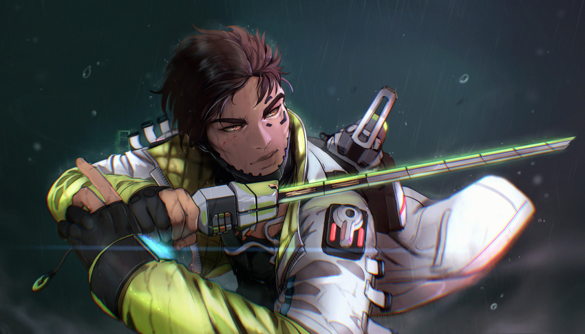 1boy apex_legends biwon_blade black_gloves blood blood_on_face brown_eyes brown_hair commission crypto_(apex_legends) cuts english_commentary gloves grey_jacket highres holding holding_sword holding_weapon ifragmentix injury jacket looking_to_the_side making-of_available male_focus partially_fingerless_gloves smile solo sword weapon