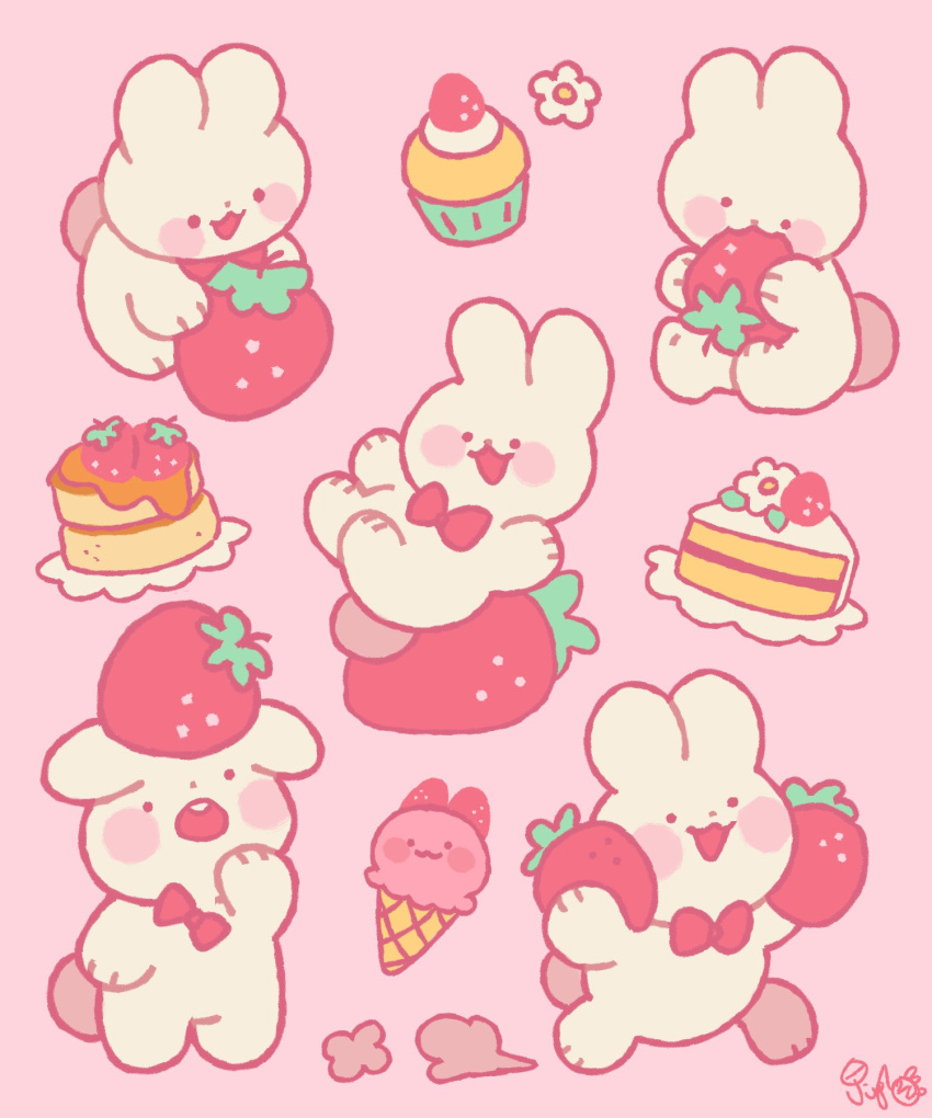 :3 :o blush_stickers bow bowtie chibi commentary cream cupcake eating english_commentary flower food food_focus fruit full_body happy highres holding holding_food holding_fruit ice_cream ice_cream_cone jinglebunns no_humans open_mouth original pink_background pink_bow pink_bowtie pink_flower pink_theme rabbit signature simple_background smile strawberry teeth upper_teeth_only white_rabbit_(animal)