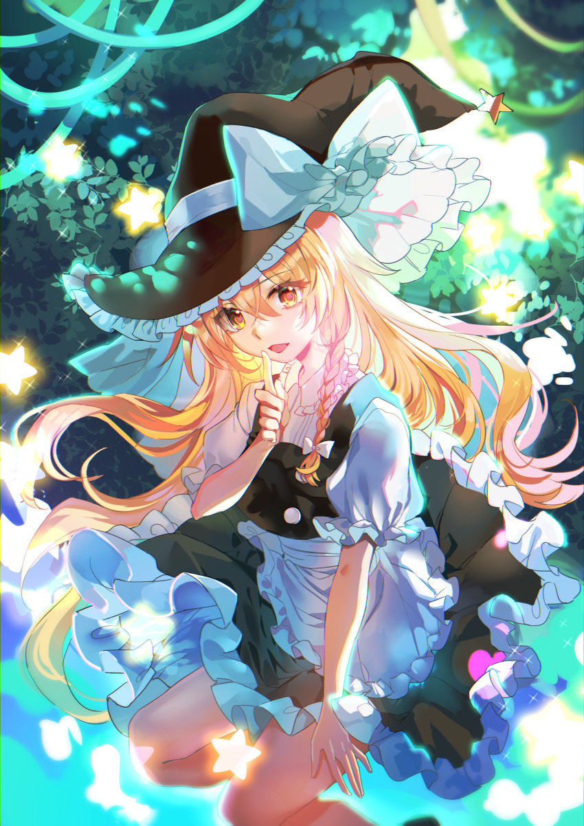 1girl :d absurdres apron black_headwear black_skirt black_vest blonde_hair bow braid chinese_commentary commentary_request feet_out_of_frame finger_to_mouth floating_hair frilled_skirt frills hair_between_eyes hair_bow hand_up hat hat_bow highres kanta_(pixiv9296614) kirisame_marisa long_hair looking_at_viewer open_mouth puffy_short_sleeves puffy_sleeves shirt short_sleeves shushing single_braid skirt skirt_set smile solo star_(symbol) touhou very_long_hair vest waist_apron white_apron white_bow white_shirt witch_hat yellow_eyes