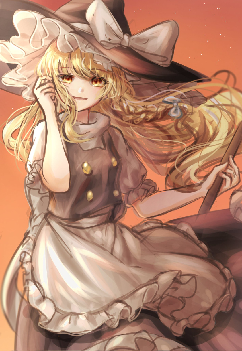 1girl apron black_dress blonde_hair braid broom buttons dress hat highres holding kirisame_marisa long_hair looking_at_viewer orange_background puffy_short_sleeves puffy_sleeves ribbon shirt short_sleeves simple_background single_braid sky smile solo star_(sky) starry_sky suna_sen touhou wavy_hair white_apron white_ribbon white_shirt wind witch_hat yellow_eyes