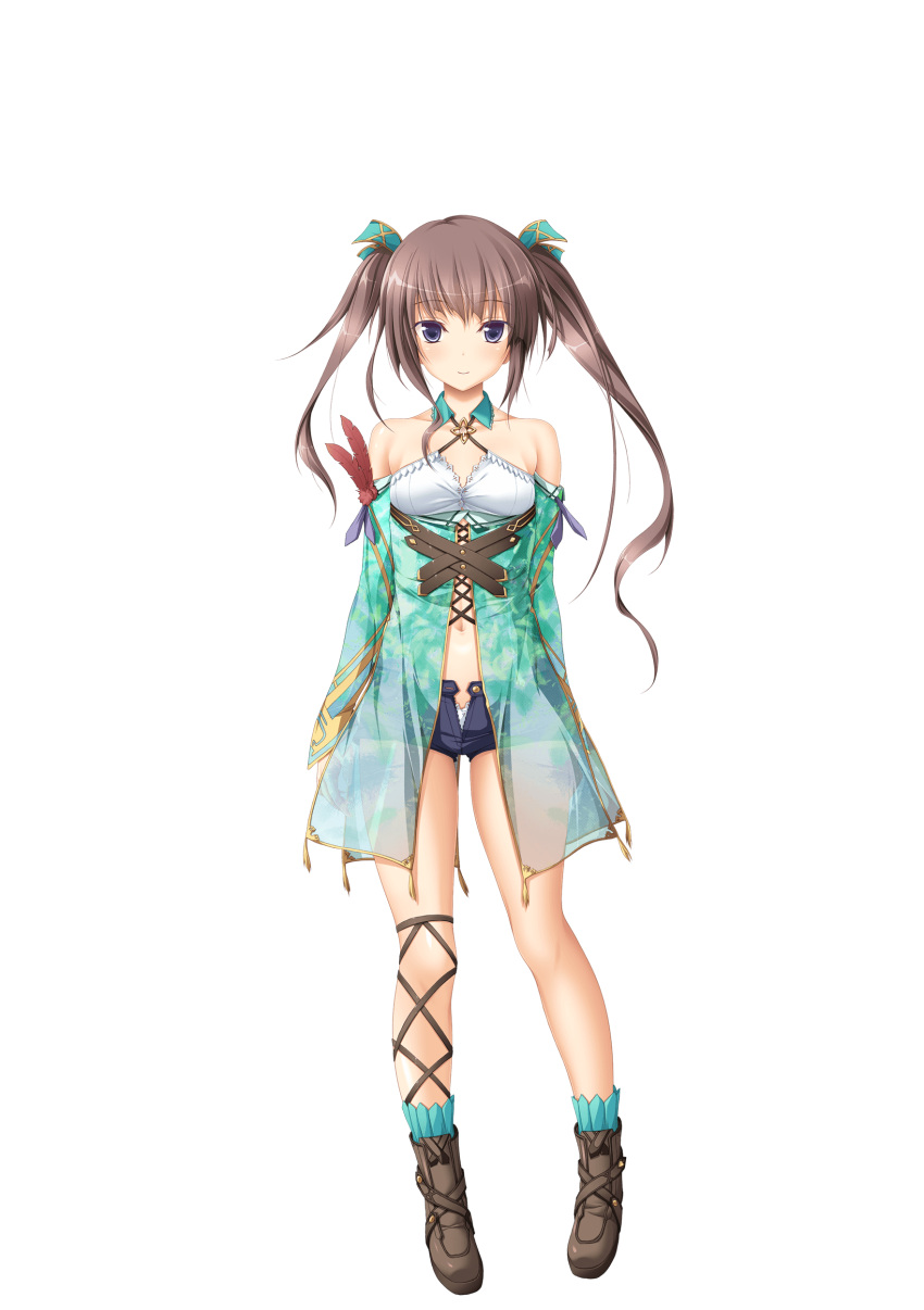 1girl absurdres asymmetrical_hair bangs brown_footwear brown_hair feathers full_body hapymaher highres hirasaka_keiko koku long_hair looking_at_viewer micro_shorts navel non-web_source official_art open_fly see-through shorts smile solo standing tachi-e transparent_background twintails