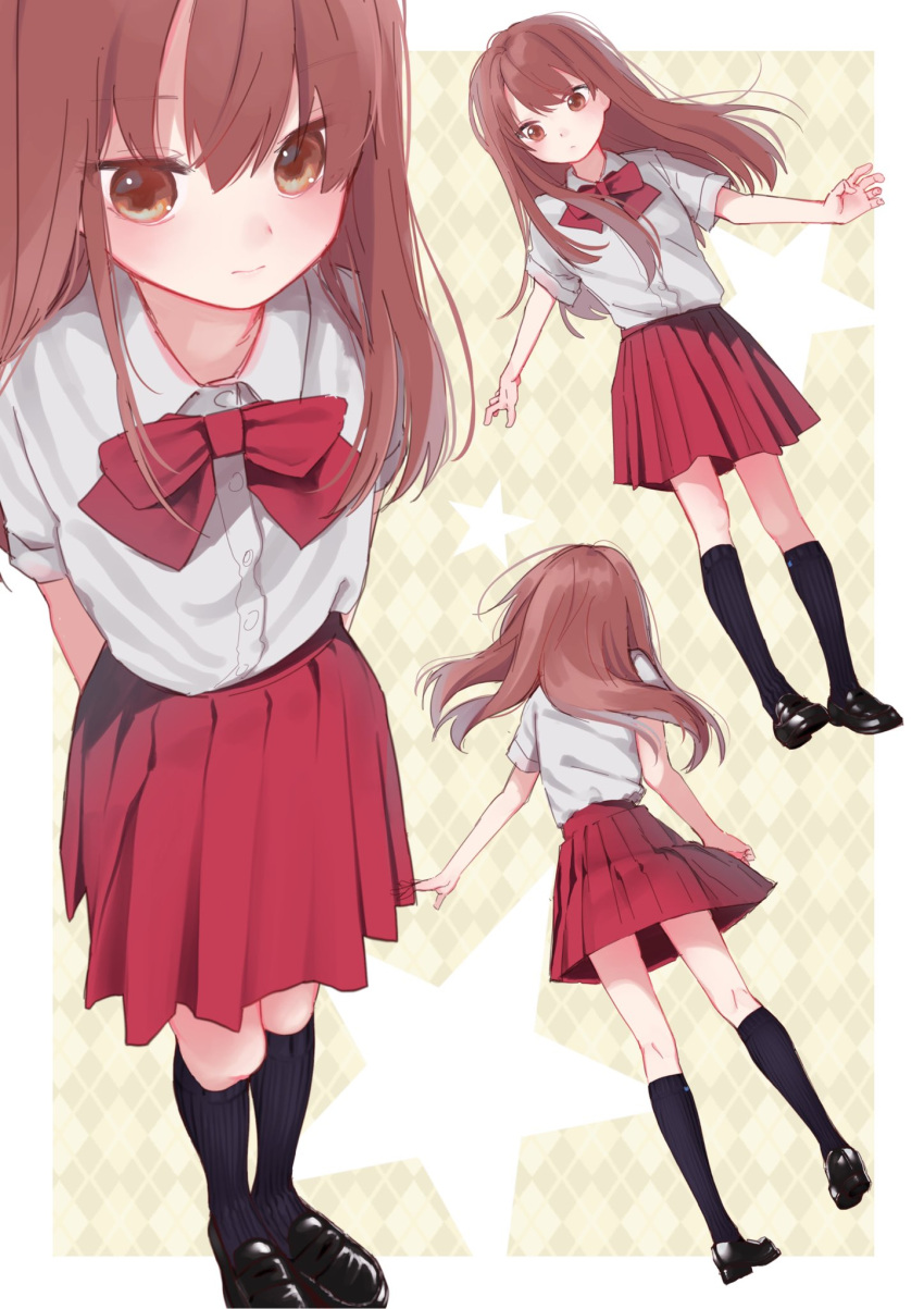 1girl arms_behind_back bad_id bad_twitter_id black_footwear black_socks blush bow bowtie brown_eyes brown_hair expressionless floating from_behind highres honnryou_hanaru kneehighs loafers long_hair looking_at_viewer multiple_views original outstretched_arms pleated_skirt red_bow red_bowtie red_skirt ruri_honjou shirt shoes short_sleeves skirt socks spread_arms star_(symbol) white_shirt