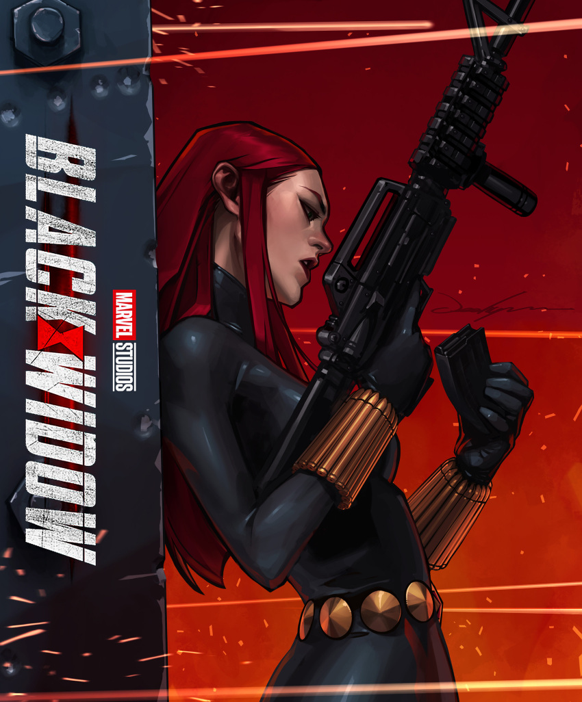 1girl absurdres assault_rifle black_bodysuit black_widow bodysuit embers english_text from_side gun highres holding holding_gun holding_weapon jee-hyung_lee latex latex_bodysuit long_hair marvel open_mouth redhead rifle weapon
