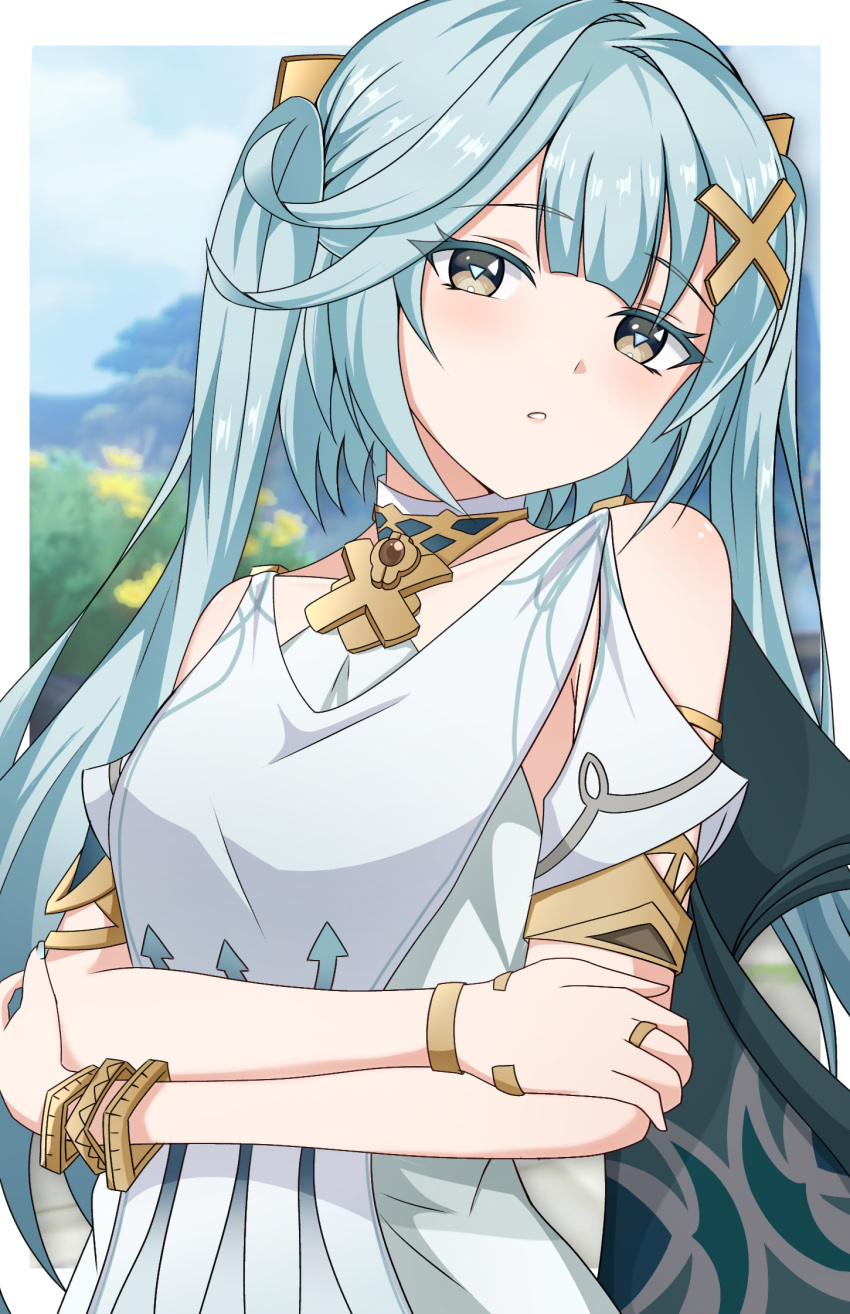 1girl aqua_hair bare_shoulders border clothing_cutout commentary crossed_arms dress faruzan_(genshin_impact) genshin_impact hair_ornament highres long_hair looking_at_viewer midori_(user_nsaz3272) parted_lips short_sleeves shoulder_cutout solo triangle-shaped_pupils twintails upper_body white_border white_dress x_hair_ornament yellow_eyes