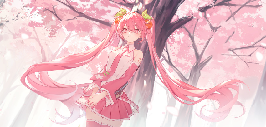 1girl 39 bangs blush cherry_blossoms cherry_hair_ornament closed_mouth collared_shirt detached_sleeves food food-themed_hair_ornament fruit hair_between_eyes hair_ornament hatsune_miku highres long_hair looking_at_viewer necktie outdoors pink_eyes pink_hair pink_necktie pink_skirt pink_sleeves pink_theme pink_thighhighs pleated_skirt sakura_miku shirt sidelocks skirt sleeveless sleeveless_shirt thigh-highs tree twintails under_tree very_long_hair vocaloid white_shirt zhong_chai